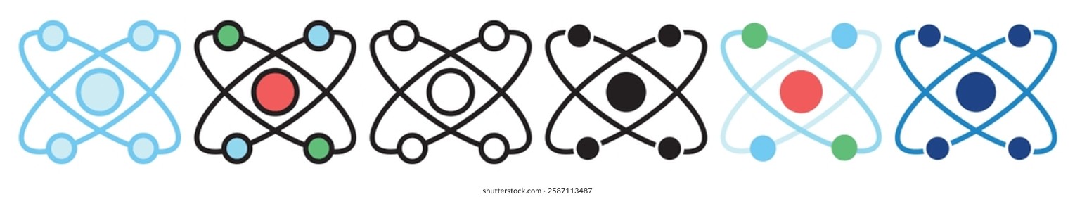 Atom multi style, mini illustration icon. outline, flat, glyph, line color, UI, UX, app and web, digital or print. For education, research, chemistry.