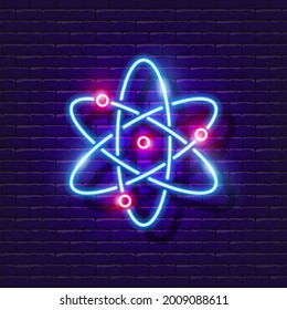 Atom with neon sign. Atom structure Light icon. Vector illustration for design. Physics concept.