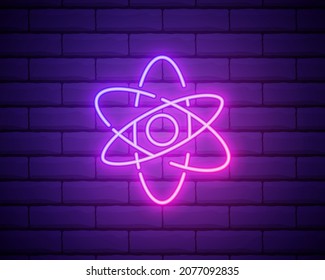 Atom with neon sign. Atom structure Light icon. Vector illustration for design. Physics concept. Isolated on brick wall.