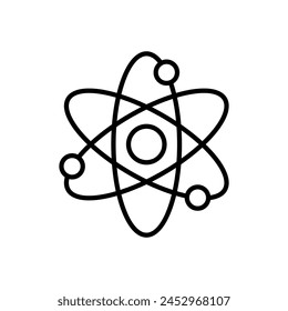 Ilustración vectorial de íconos de átomos, neutrones y protones. Electrones orbitales en fondo aislado. Concepto de señal de energía nuclear.