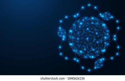 Atom. Nuclear energy. Scientific concept. Polygonal construction of concatenated lines and points. Blue background.