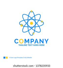 atom, nuclear, molecule, chemistry, science Blue Yellow Business Logo template. Creative Design Template Place for Tagline.