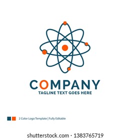 atom, nuclear, molecule, chemistry, science Logo Design. Blue and Orange Brand Name Design. Place for Tagline. Business Logo template.