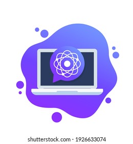 atom, nuclear research icon with a laptop