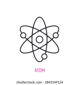 Atom with nucleus and electrons. Outline icon. Vector illustration. Symbols of scientific research, nucleus technology and education. Thin line pictogram for user interface. Isolated white background