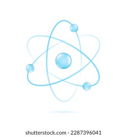 Atom orbit icon. Quantum physics. Blue color realistic molecule isolated on white background. Medical symbol. Nuclear energy. Ion glowing structure. Fusion reactor. Proton core. Vector illustration