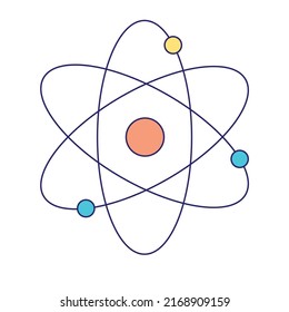 Atom, orbital electrons. Nuclear energy, scientific research, molecular chemistry, physics science concept. Very thin dark blue line with colored circles