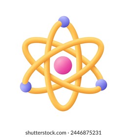 Atom, Orbitalelektronen. Kernenergie, wissenschaftliche Forschung, Molekulare Chemie, Physik Wissenschaftskonzept. Symbol für 3D-Vektorgrafik. Cartoon Minimaler Stil.