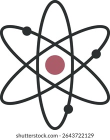 An atom with orbiting electrons and a central nucleus in a clean line style. The nucleus is surrounded by elliptical paths depicting electron orbits. Cartoon vector illustration.