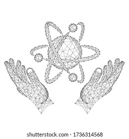 Atom with orbits electrons and two holding, protecting hands from abstract futuristic polygonal black lines and dots. Vector illustration.
