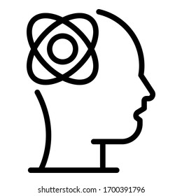 Atom con órbitas en el icono de la cabeza. Contorno átomo con órbitas en el icono del vector de cabeza para el diseño web aislado en fondo blanco
