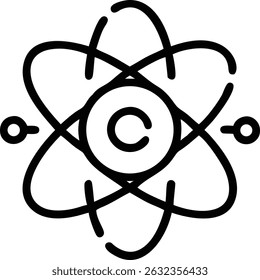 An atom outline drawing shows a central circle with the letter c, surrounded by orbital paths, representing scientific and molecular structure.