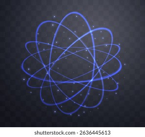 Partícula atômica, efeito de luz brilhando anéis mágicos azuis. Neon realismo energia espiral. Efeito de luz abstrata em um fundo transparente escuro. Ilustração vetorial.