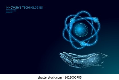 Atom particle sign in hands world map. Nuclear military weapons global danger. Atomic power defence country security. Nuke arm international violence treaty concept vector illustration