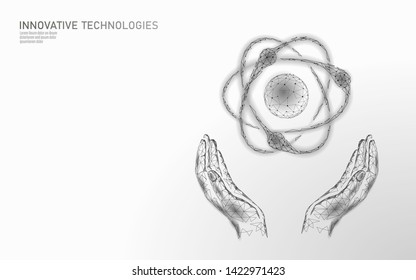 Atom particle sign in hands world map. Nuclear military weapons global danger. Atomic power defence country security. Nuke arm international violence treaty concept vector illustration