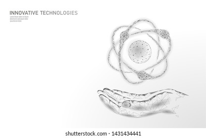 Atom particle sign in hands world map. Nuclear military weapons global danger. Atomic power defence country security. Nuke arm international violence treaty concept vector illustration