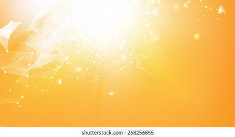 Atom particles over orange background with shining sparks. Vector illustration.