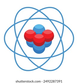 Atom particles rotating around nucleus icon in isometric style for web design isolated on white background