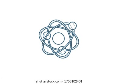 Atom, Physic Symbol isometric icon. 3d vector illustration. Isolated line art technical drawing. Editable stroke