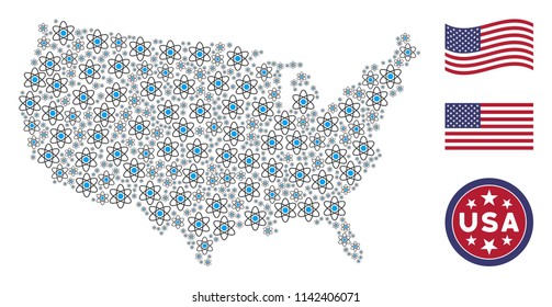Atom pictograms are combined into American map collage. Vector collage of American geographical scheme is designed with atom elements. Designed for political and patriotic propaganda.