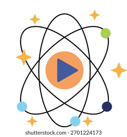 Atom play science technology orbita o núcleo do elétron física ilustração de energia Jogar o centro do botão do modelo do átomo com elétrons em órbita e estrelas brilhantes simbolizando a tecnologia da ciência e a energia