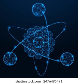 Atom. Polygonal design of interconnected lines and dots. Blue background.