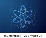 Atom polygonal symbol with binary code background. Atomic neutron concept design illustration. Blue Molecule low poly symbol with connected dots