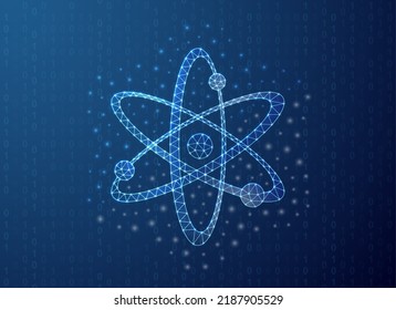 Símbolo poligonal átomo con fondo de código binario. Ilustración del diseño del concepto del neutrón atómico. Símbolo de polos bajos de la molécula azul con puntos conectados