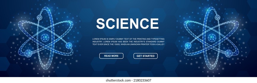 Atom polygonal symbol for promotion banner. Horizontal low poly poster illustration for landing page. Molecule design template illustration concept.