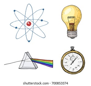 atom and prism, light bulb and compass. engraved hand drawn in old sketch and vintage symbols. calculations physics Back to School of Science and laboratory experiments.
