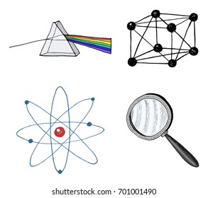 atom and prism, magnifier and crystal lattice. engraved hand drawn in old sketch and vintage symbols. calculations physics Back to School of Science and laboratory experiments.
