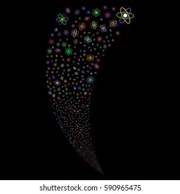 Atom random fireworks stream. Vector illustration style is flat bright multicolored iconic symbols on a black background. Object fountain made from scattered icons.