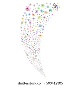 Atom random fireworks stream. Vector illustration style is flat bright multicolored iconic symbols on a white background. Object fountain organized from scattered icons.