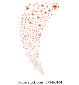 Atom random fireworks stream. Vector illustration style is flat intensive red and orange iconic symbols on a white background. Object fountain created from scattered icons.
