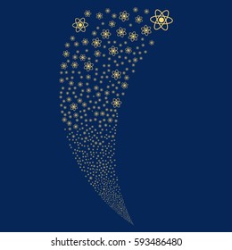 Atom random fireworks stream. Vector illustration style is flat yellow iconic symbols on a blue background. Object fountain constructed from scattered pictographs.