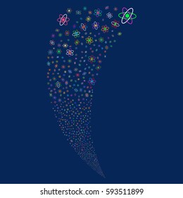 Atom random fireworks stream. Vector illustration style is flat bright multicolored iconic symbols on a blue background. Object fountain combined from scattered pictograms.