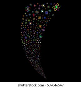 Atom random fireworks stream. Vector illustration style is flat bright multicolored iconic symbols on a black background. Object fountain made from scattered icons.