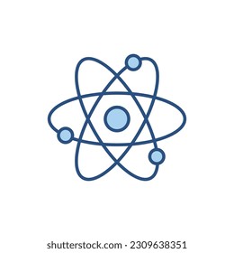 Atom related vector line icon. Nuclear energy source. Science symbol. Atomic structure model. Electrons, neutrons and protons. Atom core elements. Nuclear matter and power. Vector illustration