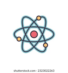 Atom related vector line icon. Nuclear energy source. Science symbol. Atomic structure model. Electrons, neutrons and protons. Atom core elements. Nuclear matter and power. Vector illustration