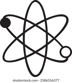 Atom revolving around nucleus with electrons orbiting in simple black and white science symbol representing physics, chemistry, and scientific research