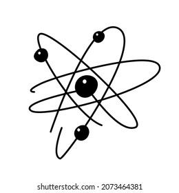 The atom rotates in an orbit. Drawn in doodle style. Vector graphics.