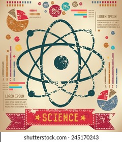 Atom science design on old paper background,info graphic,grunge vector