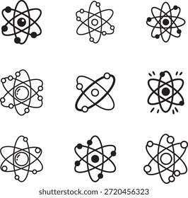 Colección de arte de línea de doodle de Ciencia de átomo. Incluye símbolos de arte lineal, ciencia atómica, física, molécula, electrón y más. Garabatos aislados. Conjunto de doodle átomo. Pack de garabatos minimalistas.