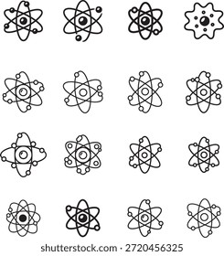 Colección de arte de línea de doodle de Ciencia de átomo. Incluye símbolos de arte lineal, ciencia atómica, física, molécula, electrón y más. Garabatos aislados. Conjunto de doodle átomo. Pack de garabatos minimalistas.