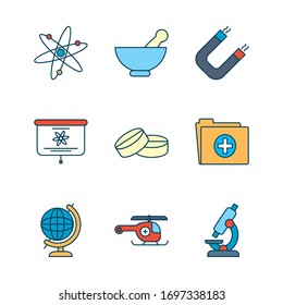 atom and science and investigation icon set over white background, line and fill style, vector illustration