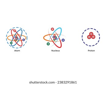 Atom Scientific aster con estructura atómica: núcleo de protones y neutrones, electrones orbitales. Ilustración vectorial. Símbolo de energía nuclear, investigación científica y química molecular.