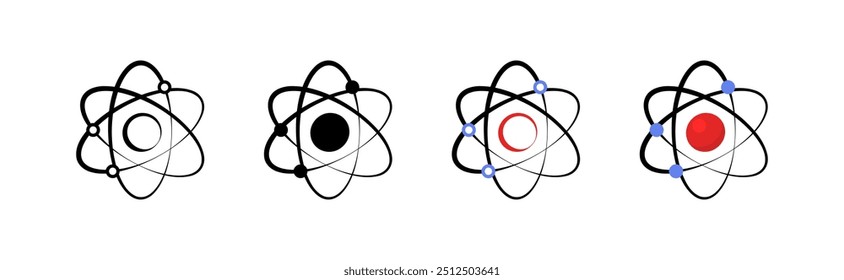 Atom set icons. Linear, silhouette and flat style. Vector icons.