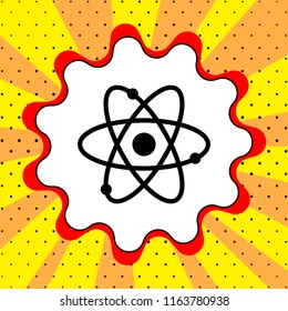 Atom sign. Black icon in the bubble on a yellow background pop art. Vector.