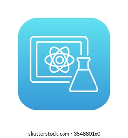 Atom sign drawn on a board and a flask line icon for web, mobile and infographics. Vector white icon on the blue gradient square with rounded corners isolated on white background.