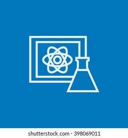 Atom sign drawn on board and flask line icon.